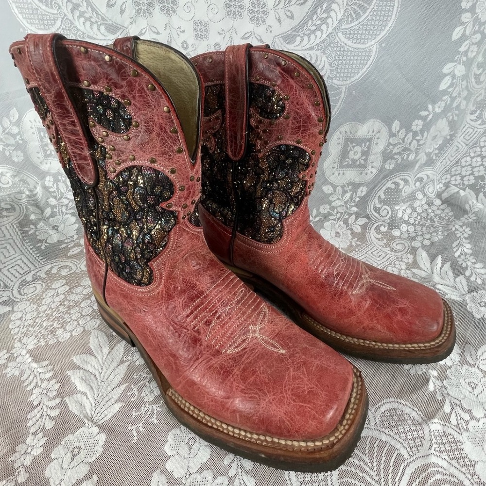 Ferrini Women Size 10 Red Leather Glitter Inlay Western Boots Square Toe Cowgirl